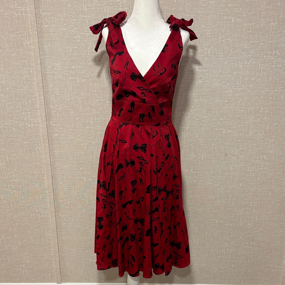Red V-Neck Midi Dress with Black Bow Print and Tie Shoulders